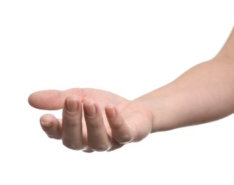 Woman holding something in hand on white background, closeup