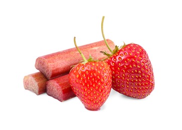 Photo of Stalks of fresh rhubarb and strawberries isolated on white