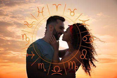 Image of Horoscope compatibility. Loving couple outdoors and zodiac wheel