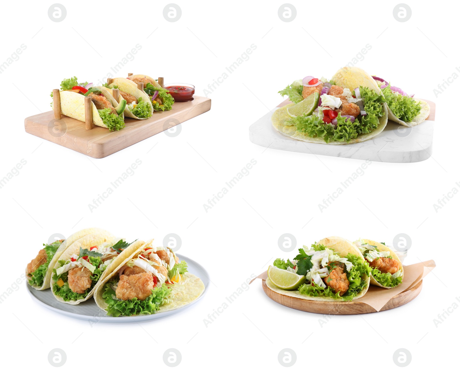 Image of Set of delicious fresh fish tacos on white background