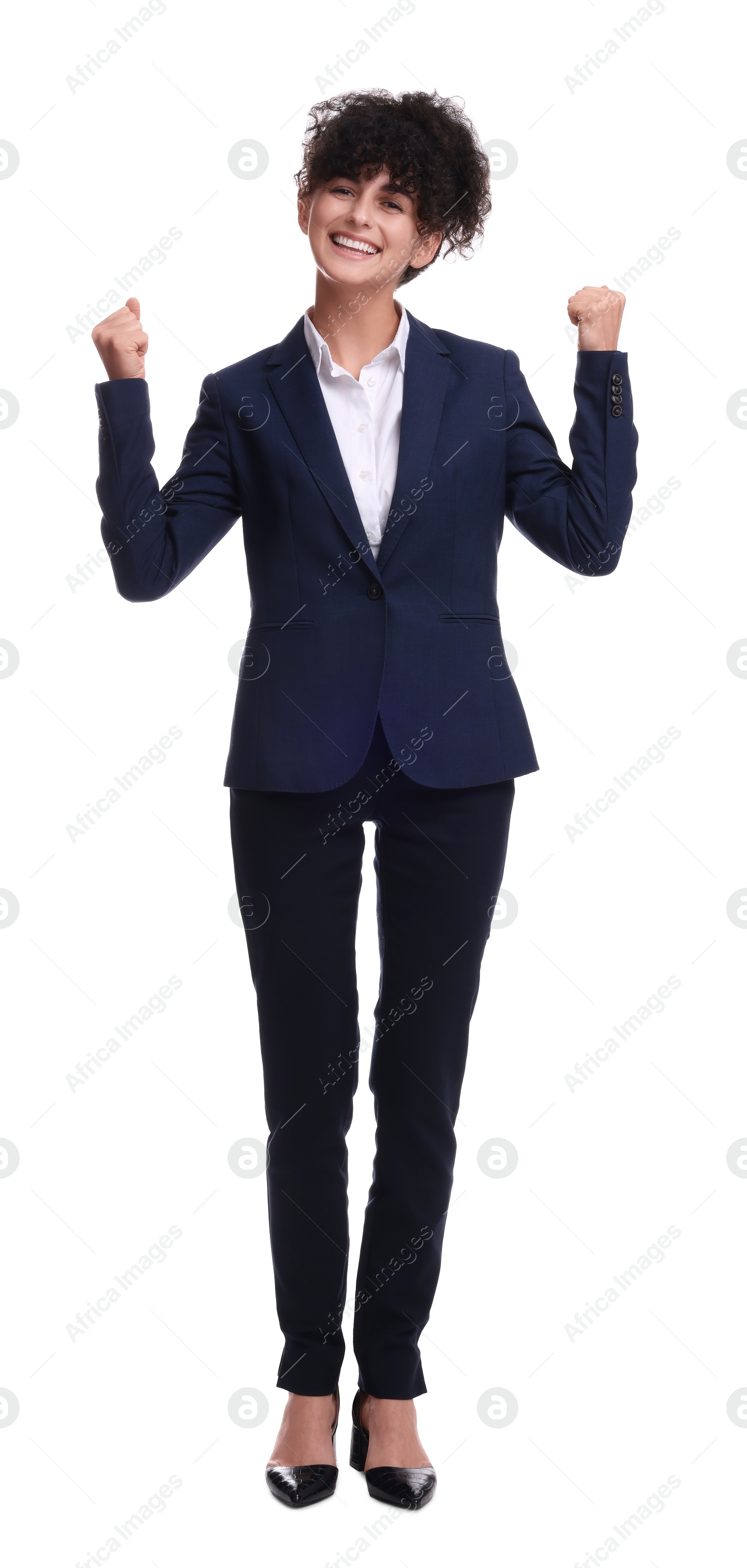 Photo of Beautiful young businesswoman in suit on white background