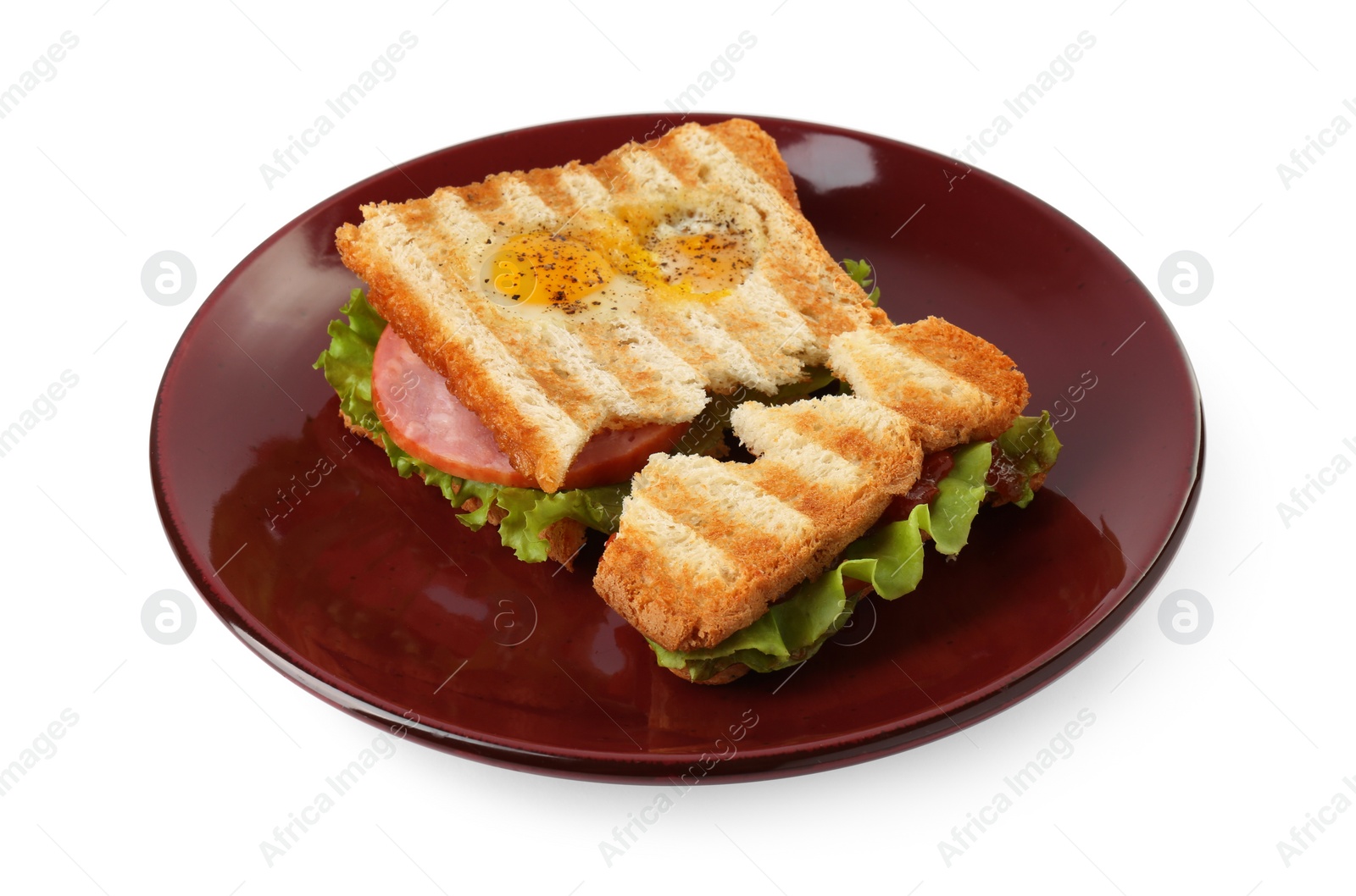 Photo of Cute monster sandwich with fried eggs isolated on white. Halloween snack