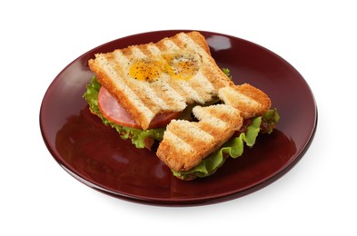 Photo of Cute monster sandwich with fried eggs isolated on white. Halloween snack