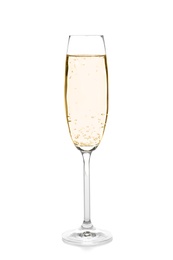 Photo of Glass of champagne on white background. Festive drink