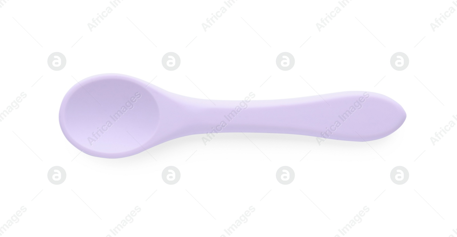 Photo of Plastic spoon isolated on white, top view. Serving baby food