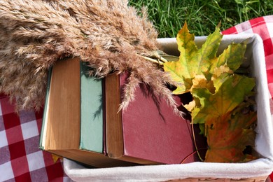 Photo of Books, maple leaves and reed in wicker basket outdoors. Autumn atmosphere
