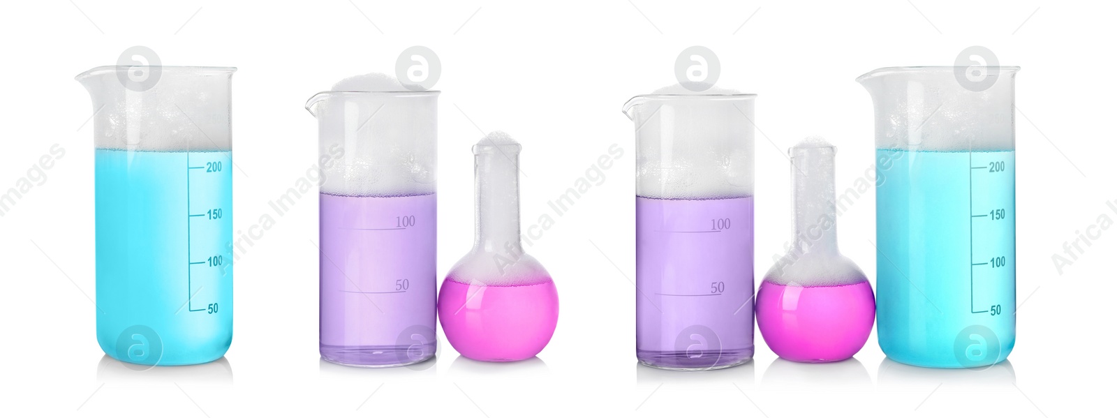 Image of Set of laboratory flasks and beakers with colorful liquids on white background. Chemical reaction