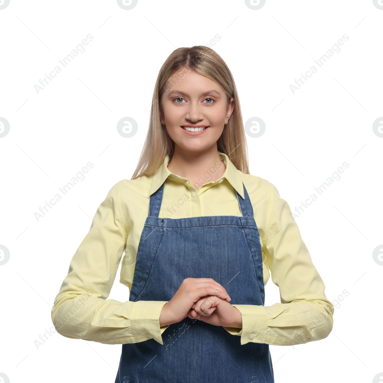 Photo of Beautiful young woman in denim apron on white background