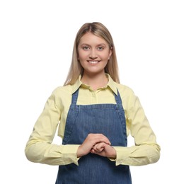 Beautiful young woman in denim apron on white background