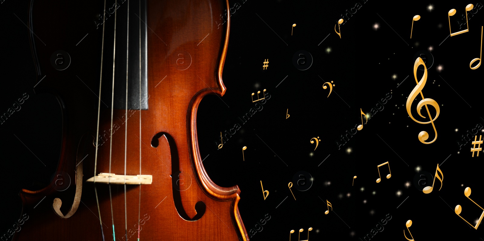 Image of Violin, music notes and other musical symbols on black background, banner design