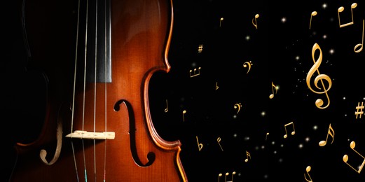 Image of Violin, music notes and other musical symbols on black background, banner design