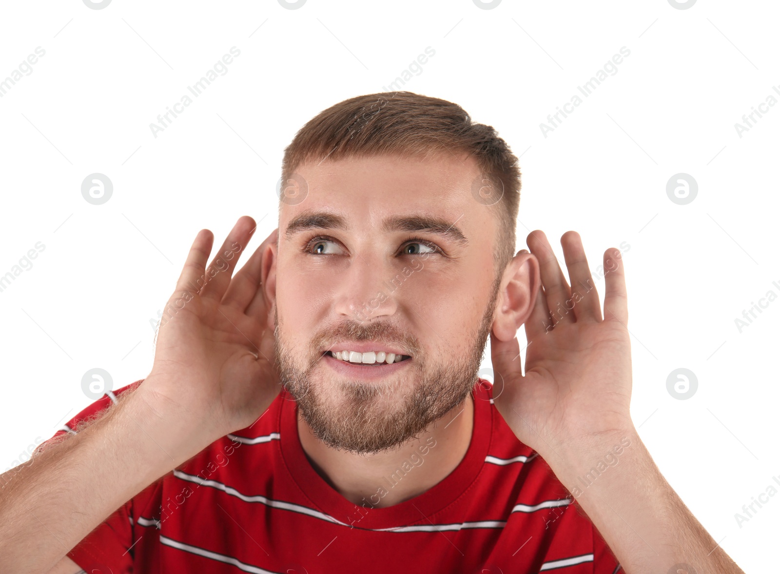 Photo of Young man with hearing problem on white background