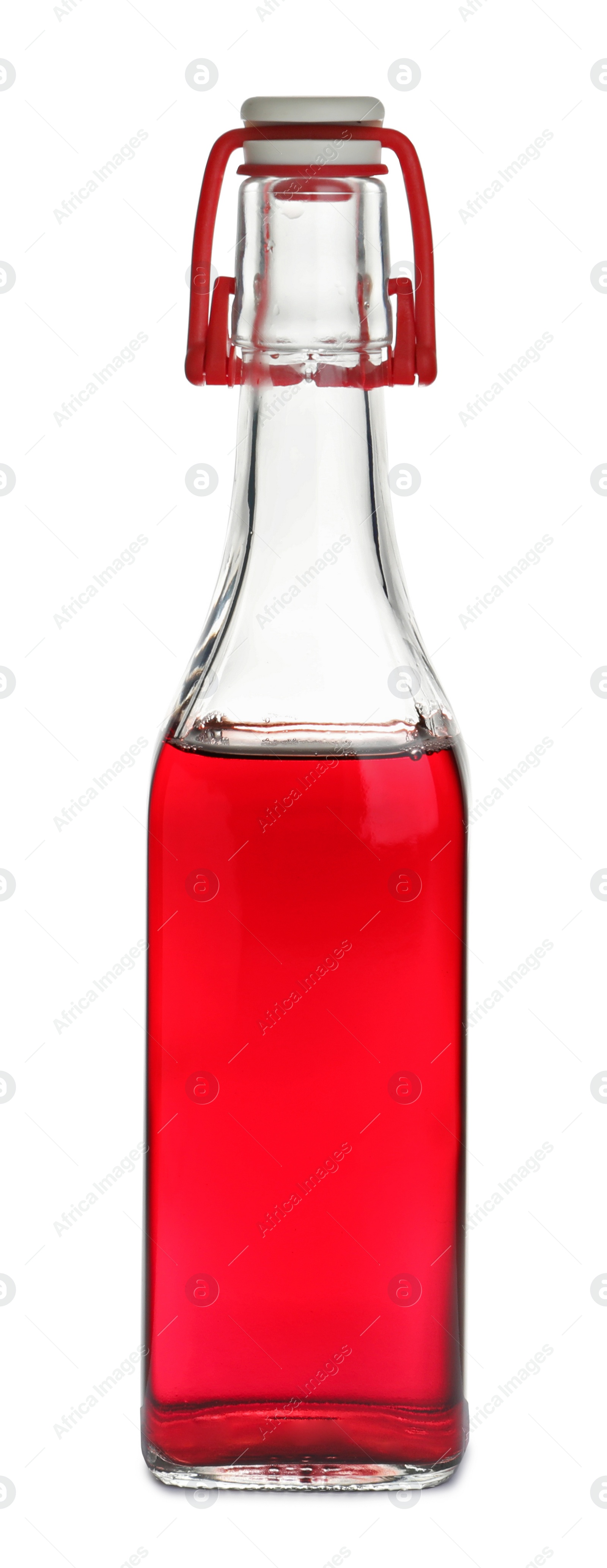 Photo of Glass bottle with wine vinegar on white background