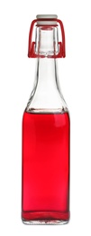 Photo of Glass bottle with wine vinegar on white background