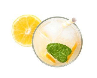 Photo of Cool freshly made lemonade in glass isolated on white, top view