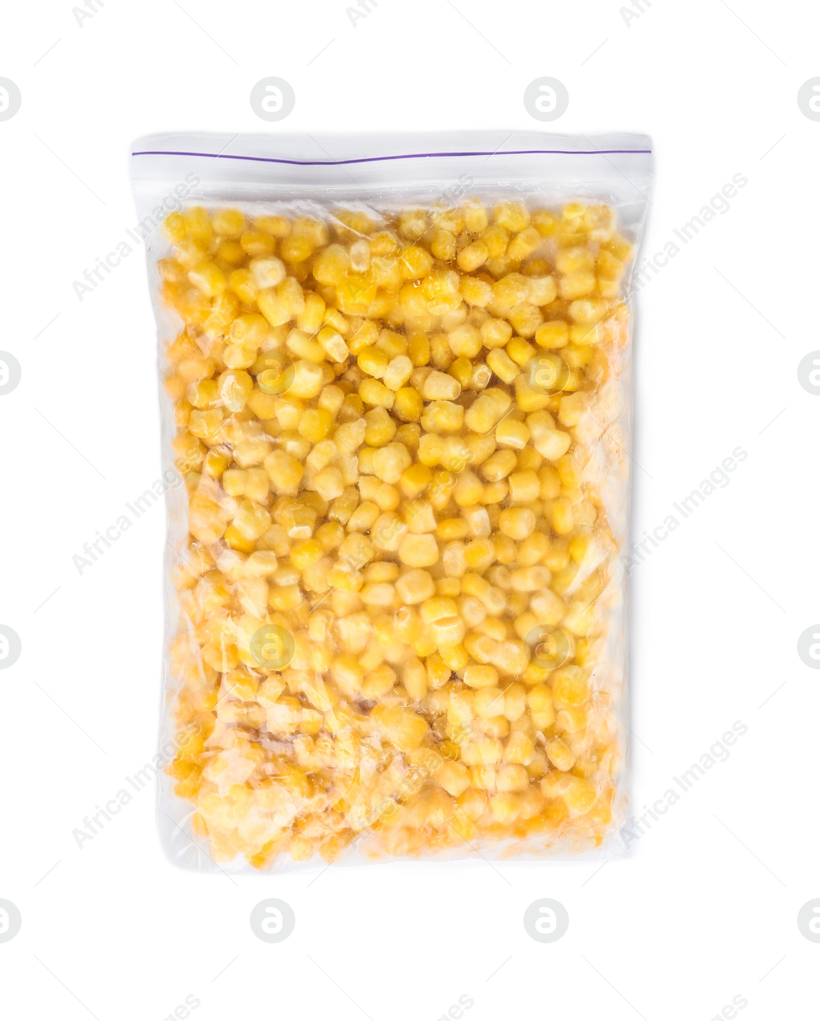 Photo of Frozen corn in plastic bag isolated on white, top view. Vegetable preservation