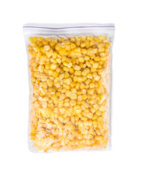 Photo of Frozen corn in plastic bag isolated on white, top view. Vegetable preservation