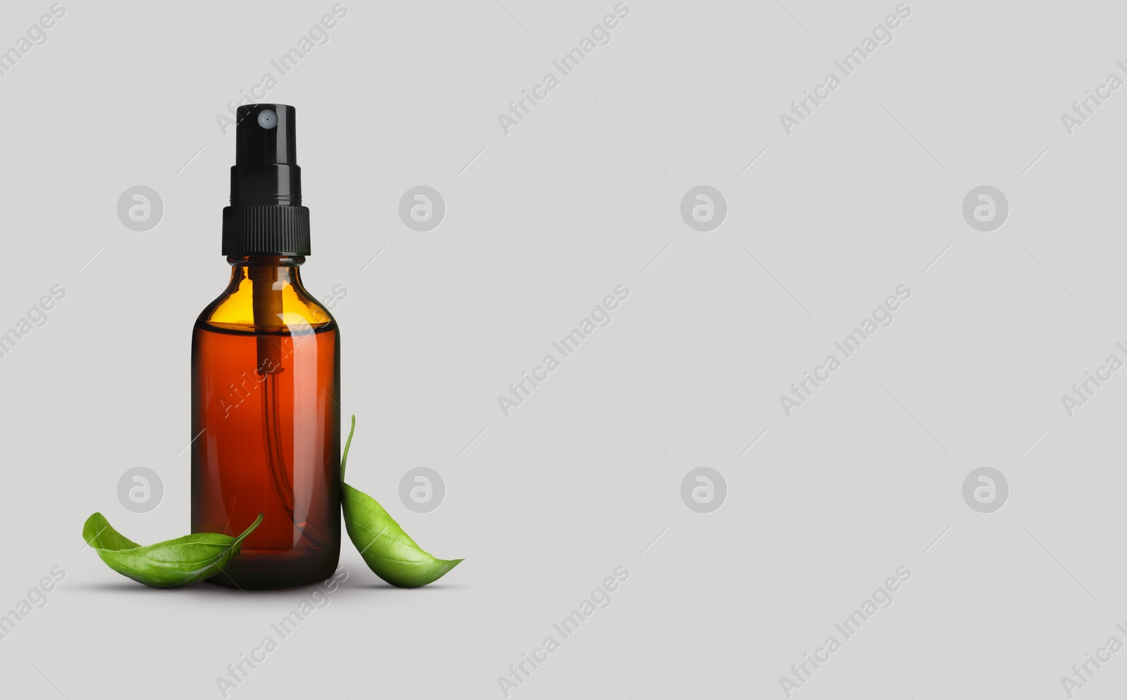 Image of Bottle of basil essential oil and green leaves on light background. Space for text