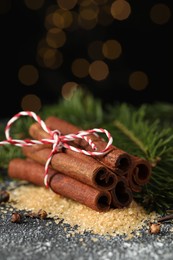 Photo of Different aromatic spices and fir branches on grey textured table, closeup