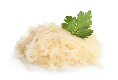 Photo of Tasty fermented cabbage with parsley on white background