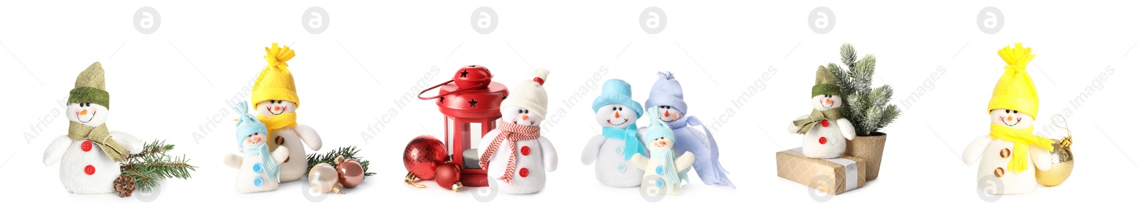 Image of Set with cute small snowman toys on white background. Banner design