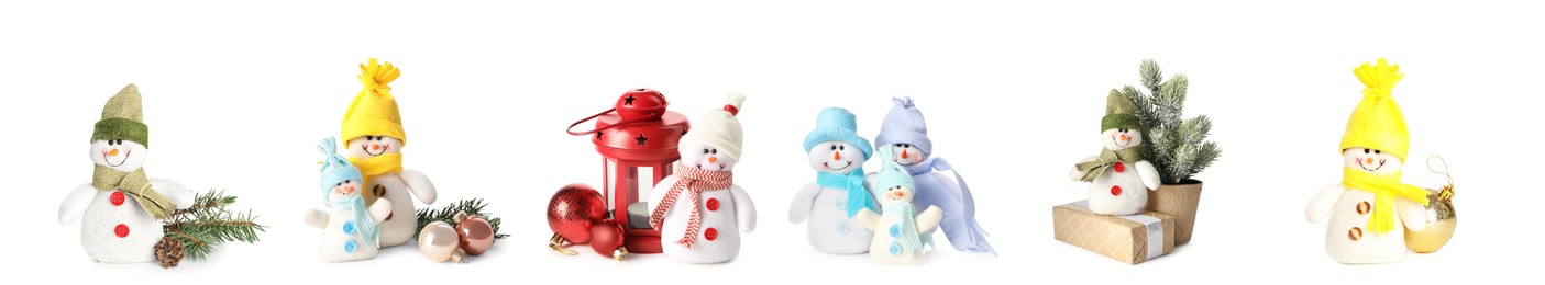 Set with cute small snowman toys on white background. Banner design