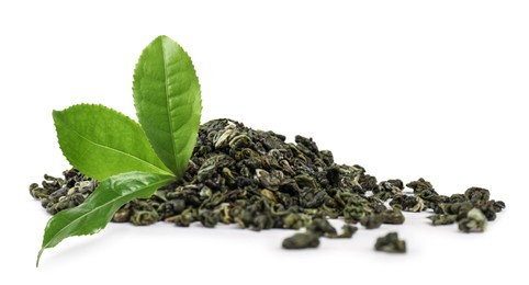 Image of Dry green tea and fresh leaves on white background