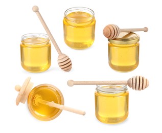 Image of Natural honey in glass jars and dippers isolated on white, set