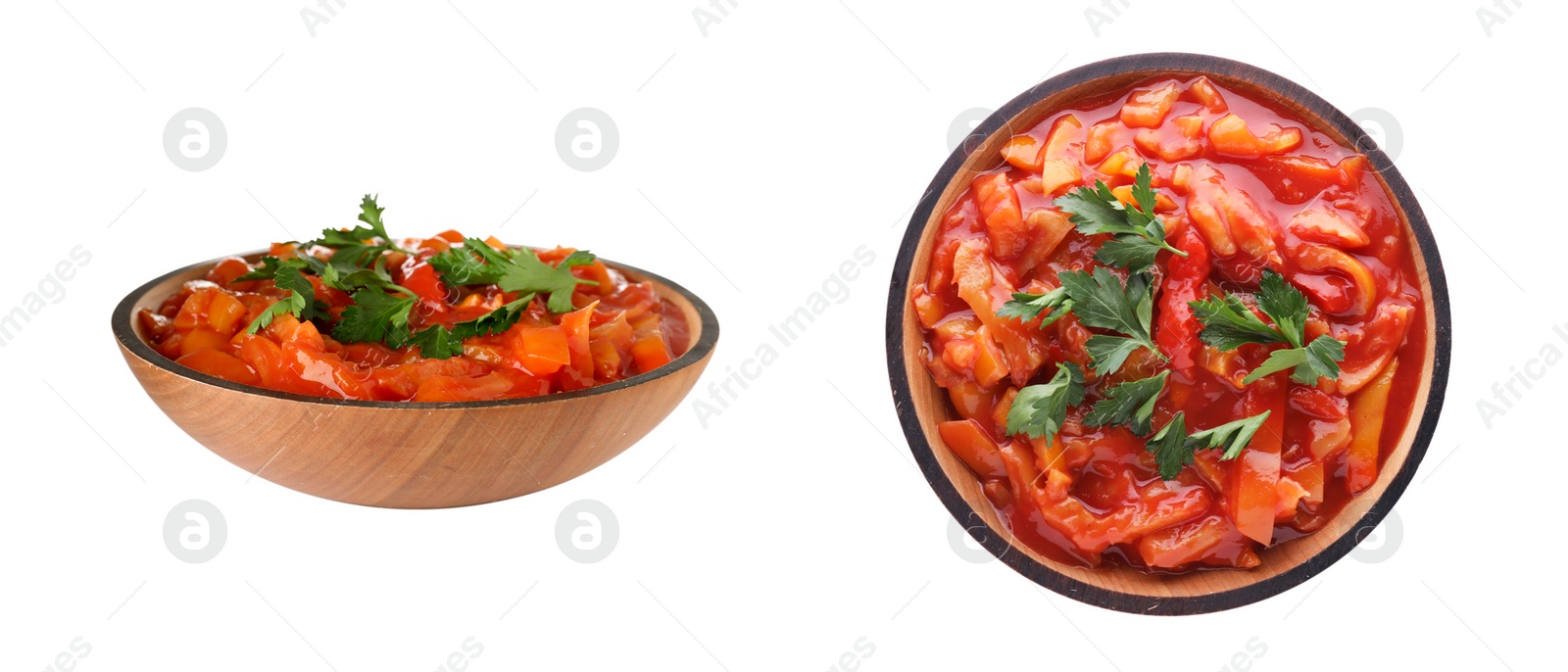 Image of Collage of lecho in wooden bowl on white background, top and side views