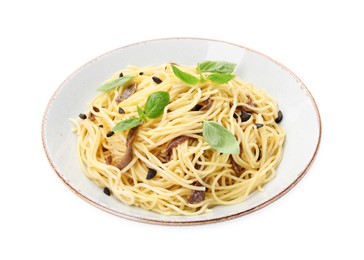 Delicious pasta with anchovies, olives and basil isolated on white