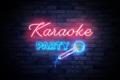 Illustration of Glowing neon sign with microphone and words Karaoke Party on brick wall