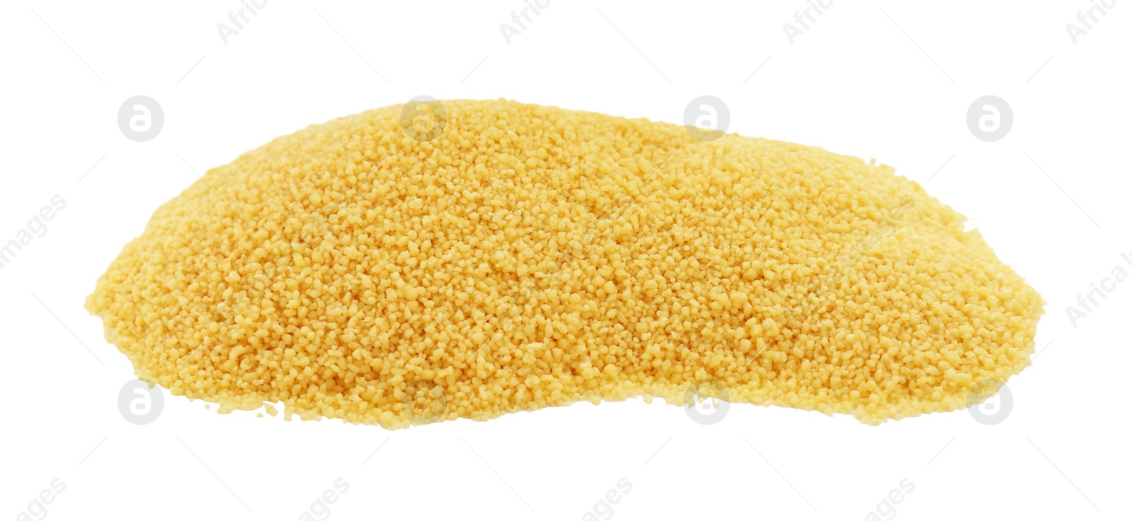 Photo of Heap of raw couscous on white background