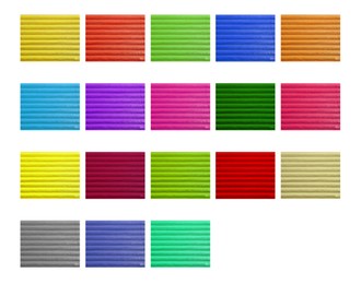 Image of Samples of different wool on white background, collage. Color palette