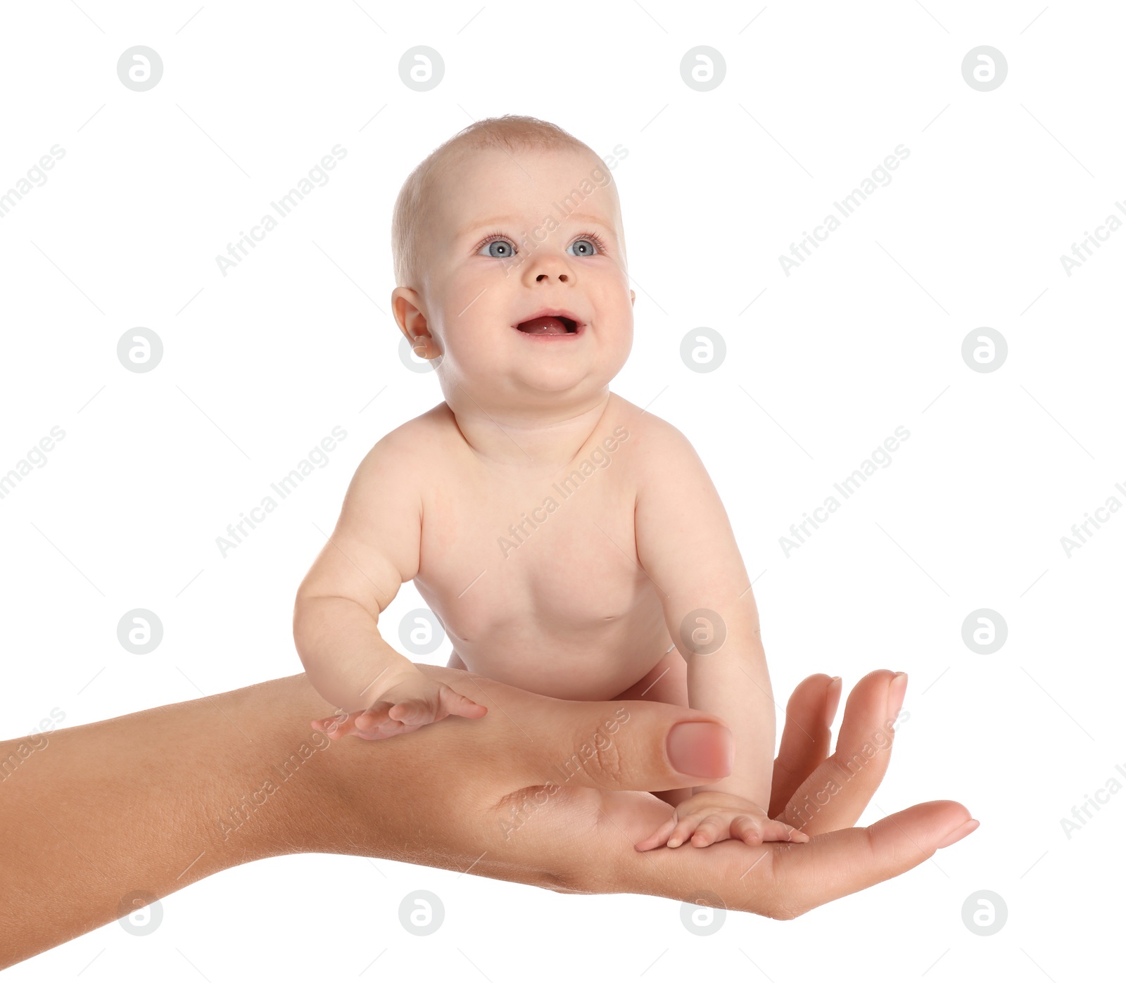 Image of Surrogacy concept. Woman holding cute little baby on white background, closeup