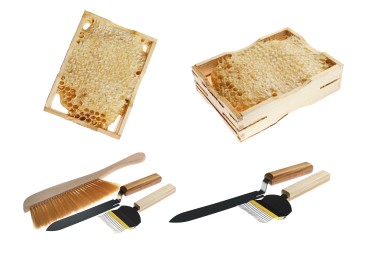Image of Wooden hive frames with honeycombs and different beekeeping tools on white background, collage