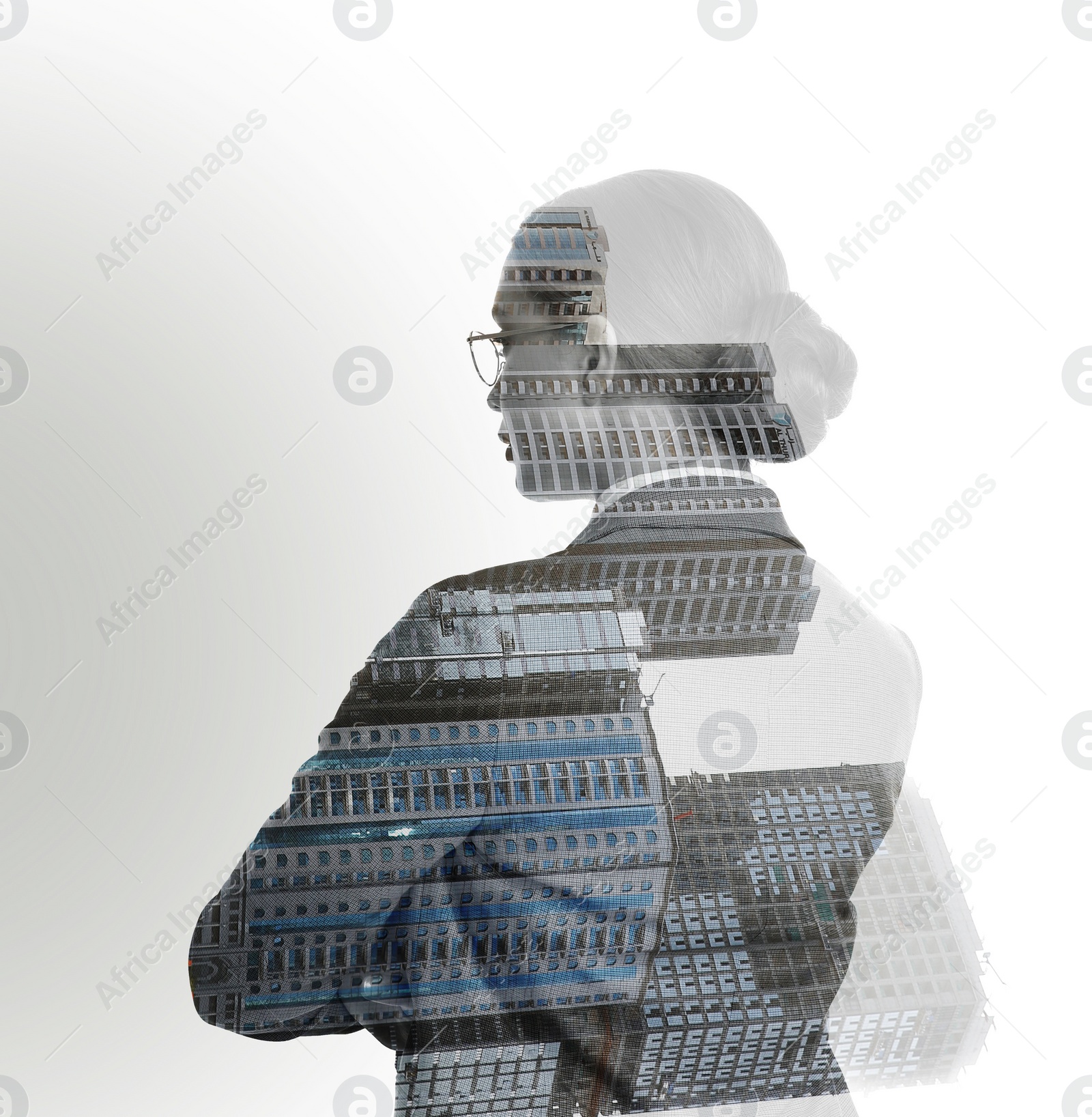 Image of Double exposure of businesswoman and office buildings