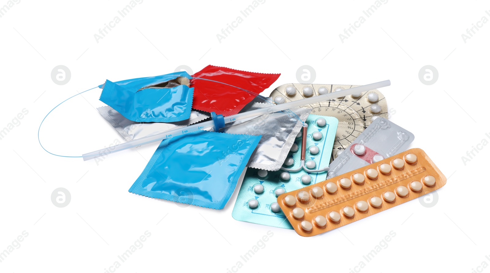 Photo of Contraceptive pills, condoms and intrauterine device isolated on white. Different birth control methods