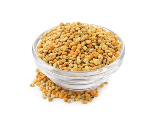 Photo of Fresh bee pollen granules in bowl isolated on white
