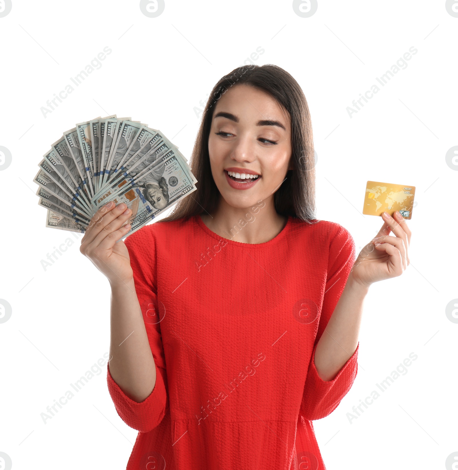 Photo of Young woman with money and credit card on white background