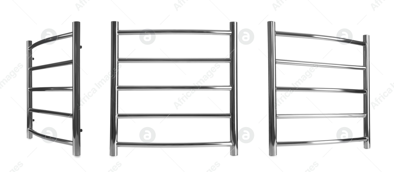 Image of Set with modern heated towel rails on white background. Banner design