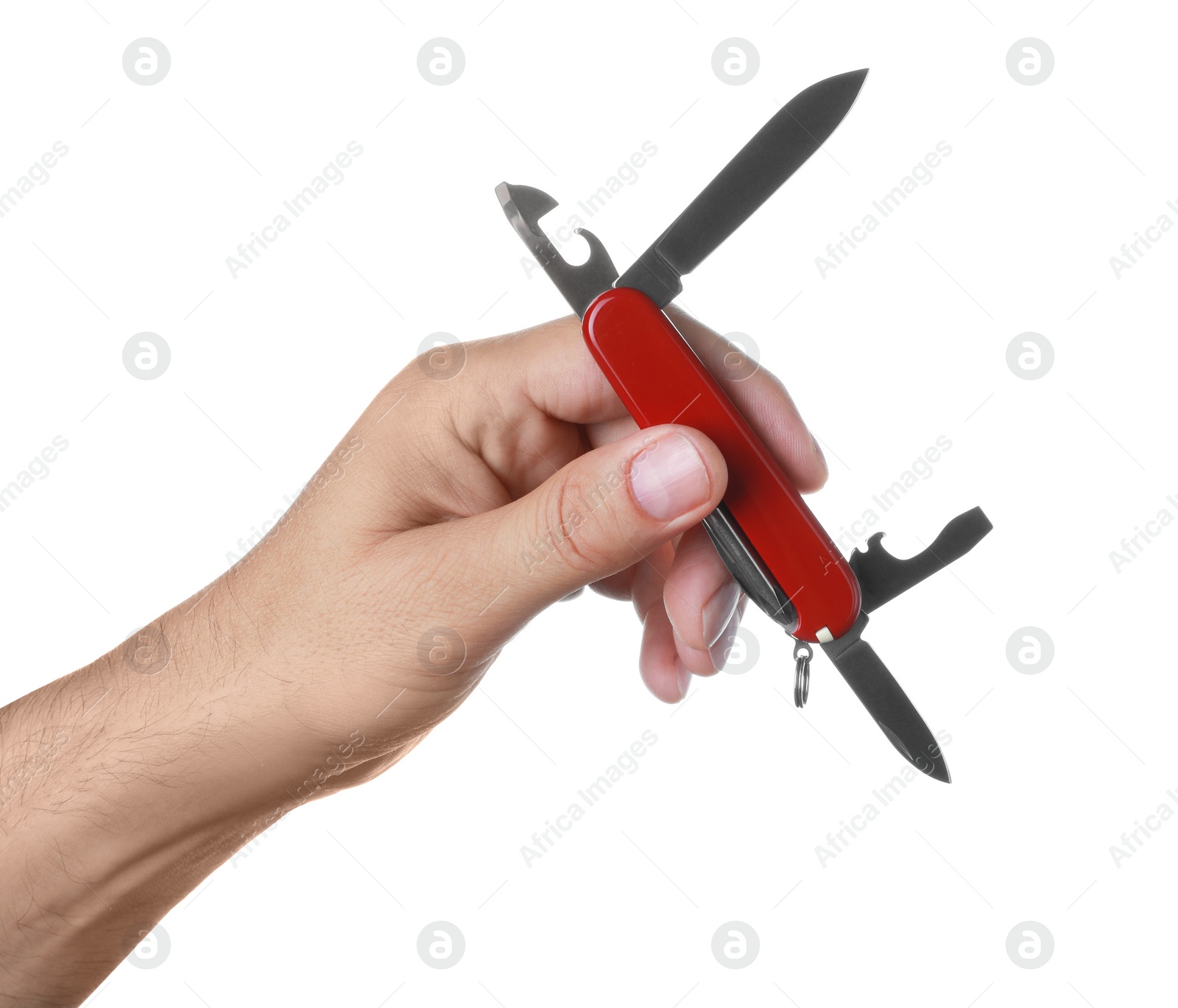 Photo of Man holding multitool on white background, closeup