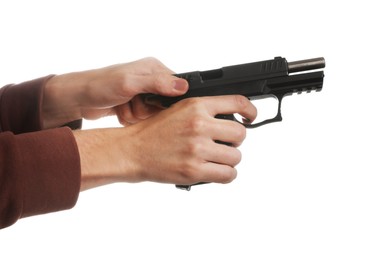 Photo of Man recharging gun against white background, closeup