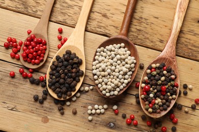 Aromatic spice. Different peppers in spoons on wooden table, flat lay