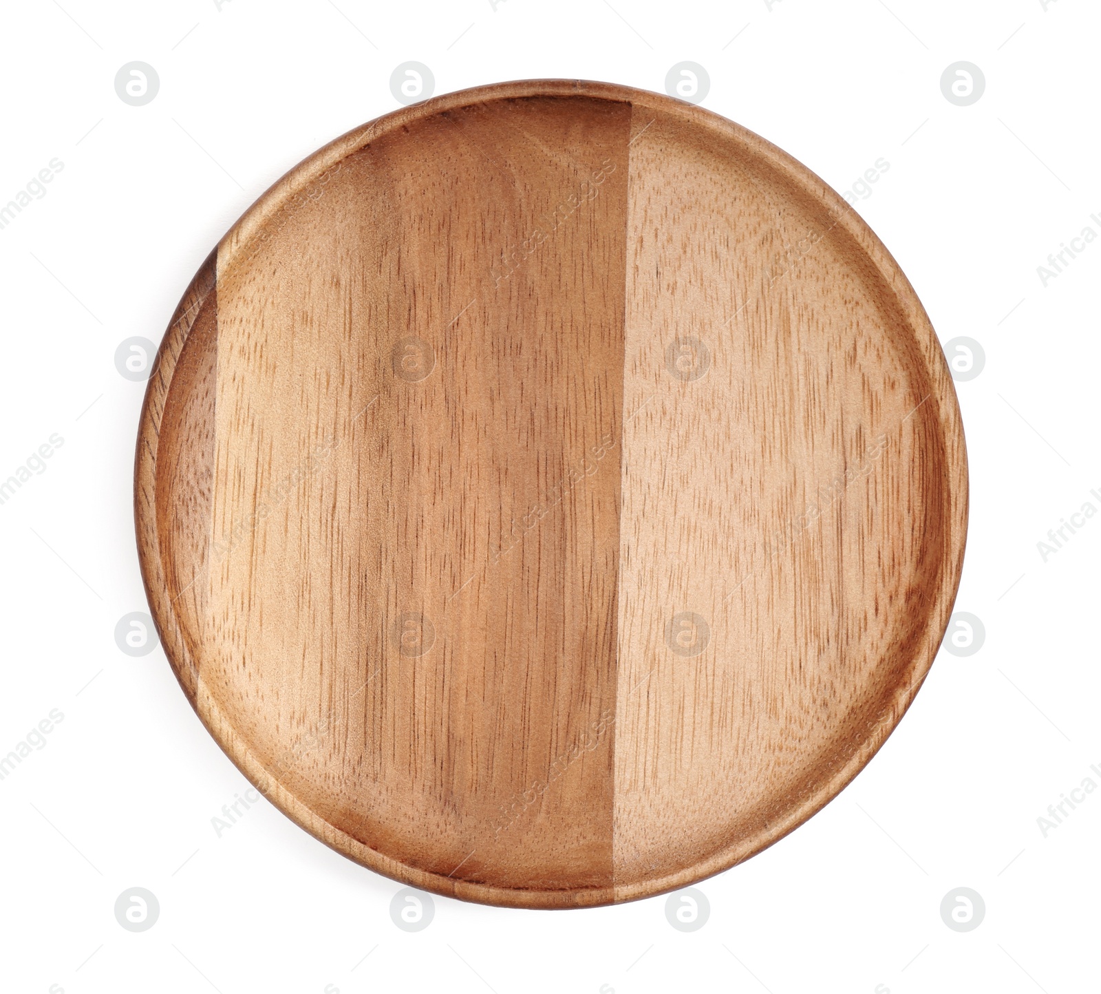 Photo of Wooden plate on white background, top view