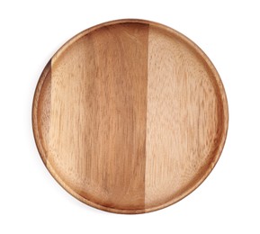 Wooden plate on white background, top view