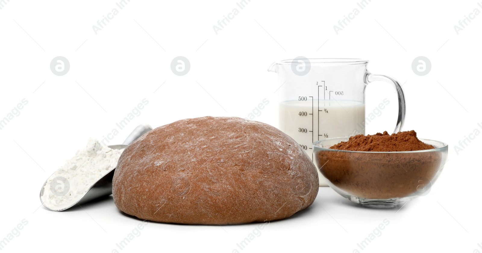 Photo of Composition with rye dough and products on white background