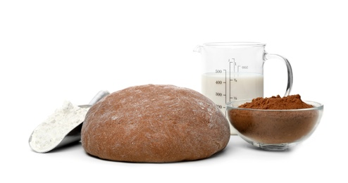 Photo of Composition with rye dough and products on white background