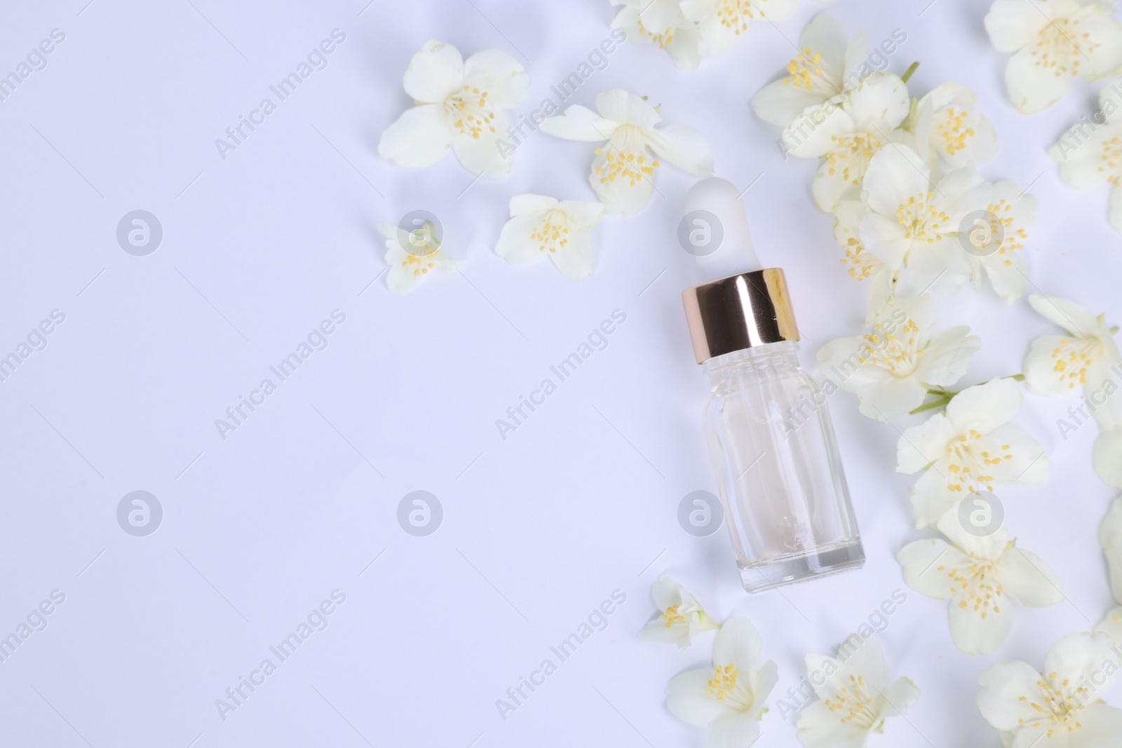 Photo of Essential oil in bottle and beautiful jasmine flowers on white background, flat lay. Space for text