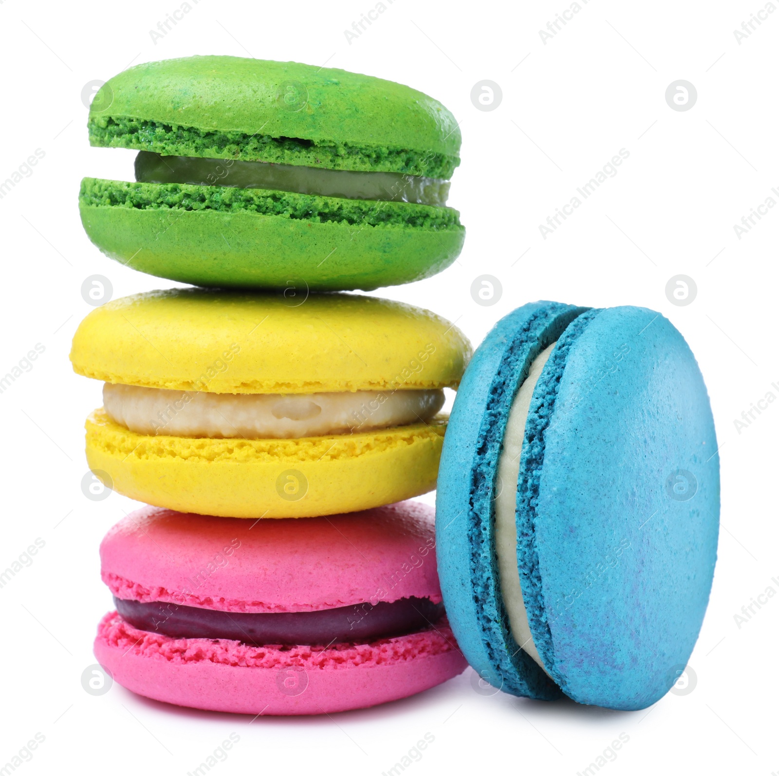 Photo of Different delicious colorful macarons on white background