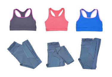 Image of Comfortable sportswear. Set with different sports bras and leggings on white background, top view